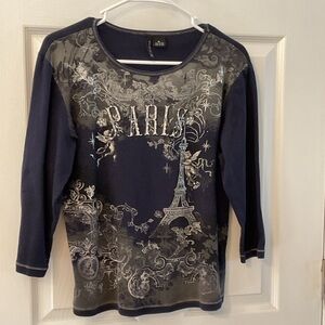 New Directions Juniors XL Navy Blue Graphic 3/4 Sleeve Top